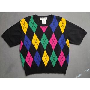 JH Collectibles Womens M Black Wool Blend Sweater Colorful Argyle Diamonds Golf